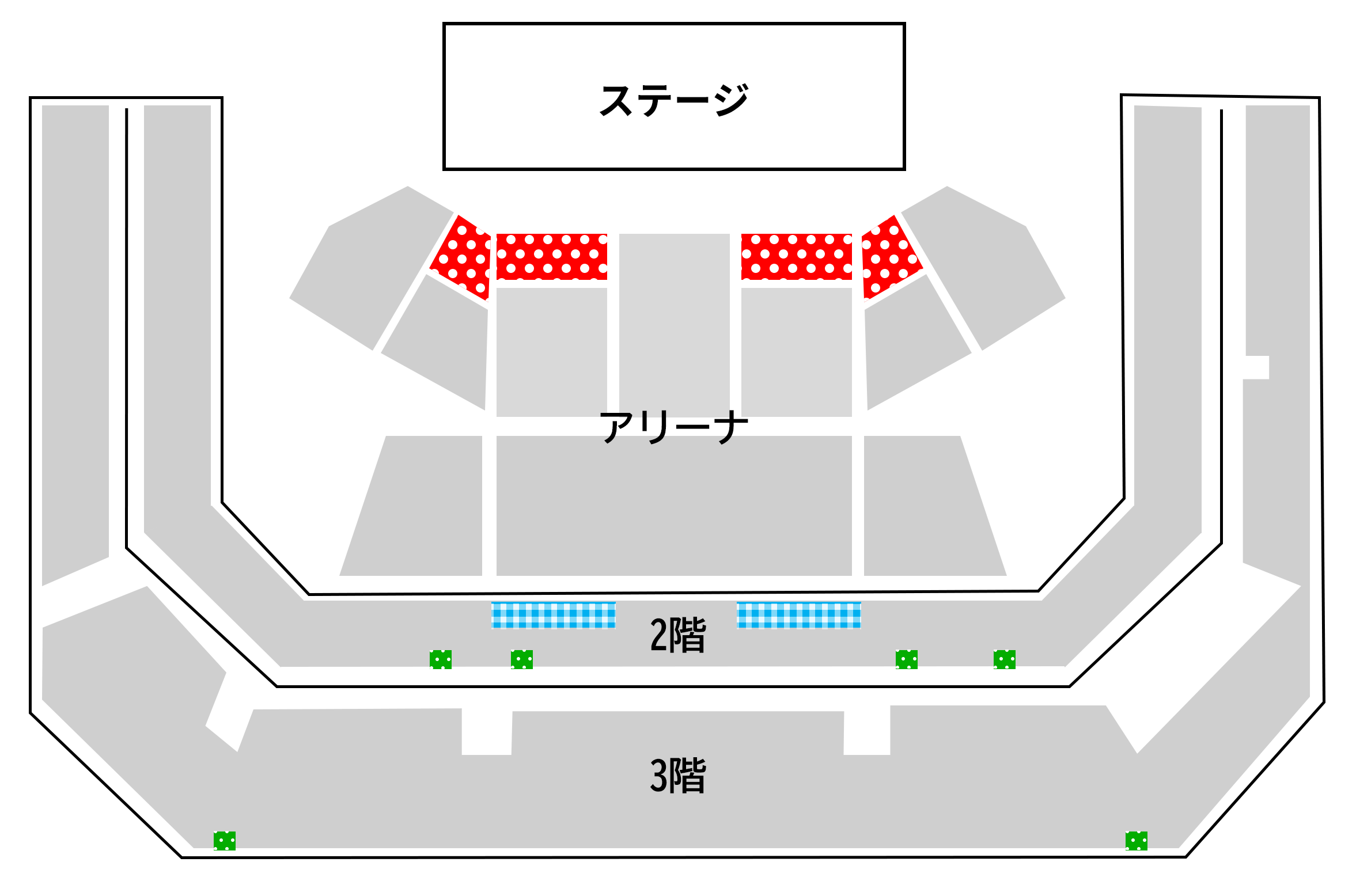 座席ガイド　上部にステージ　1Fアリーナ席　2-3Fスタンド席